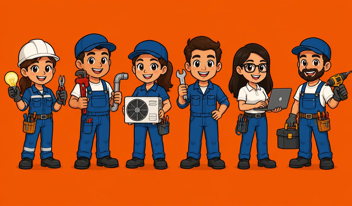 Techniciennes et techniciens de plusieurs métiers : électricité, plomberie, climatisation, auto, informatique, bâtiment